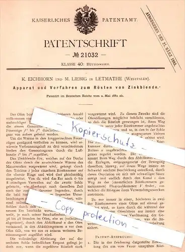 Original Patent - K. Eichhorn und M. Liebig in Letmathe b. Iserlohn , 1882 , Rösten von Zinkblende !!!