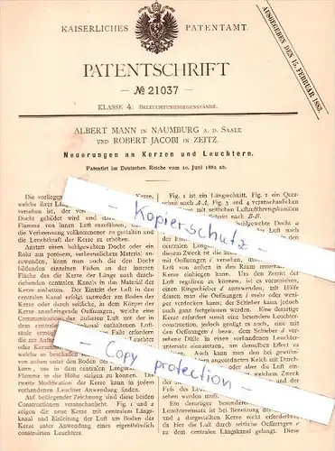 Original Patent - A. Mann in Naumburg a. d. Saale und R. Jacobi in Zeitz , 1882 , !!!