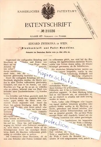 Original Patent - Eduard Zwierzina in Wien , 1882 , Blechschleif- und Polir-Maschine !!!