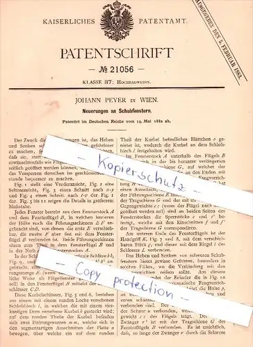 Original Patent - Johann Peyer in Wien , 1882 , Neuerungen an Schubfenstern !!!