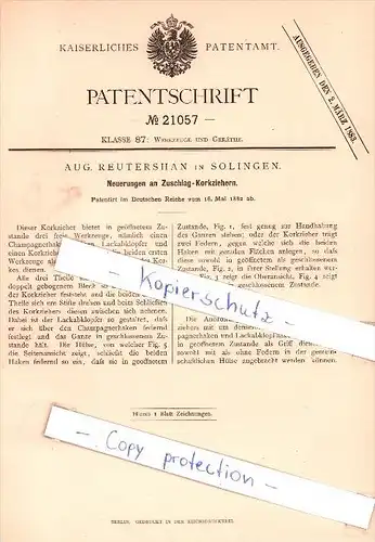 Original Patent - Aug. Reutershan in Solingen , 1882 , Zuschlag-Korkziehern , Korkenzieher !!!
