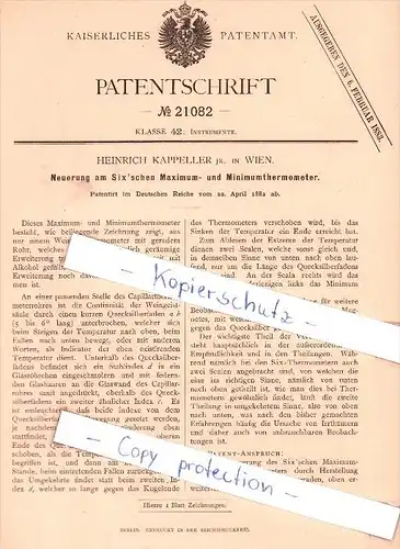 Original Patent - H. Kappeller in Wien , 1882 , Six`sches Maximum- und Minimumthermometer !!!
