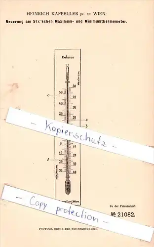 Original Patent - H. Kappeller in Wien , 1882 , Six`sches Maximum- und Minimumthermometer !!!