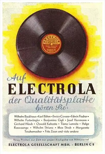 original Werbung - 1941 - ELECTROLA Schallplatte , Berlin , Schallplatten !!!