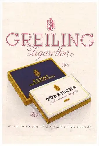original Werbung - 1941 - GREILING Zigaretten , Cigaretten , Türkisch 8 , Senat  !!!