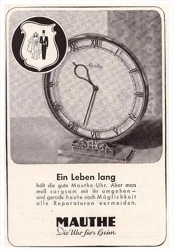 original Werbung - 1941 - Mauthe Uhren , Uhrmacher , Uhr !!!