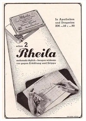 original Werbung - 1941 - Rheila gegen Grippe , Apotheke , Drogerie , Gruber in Köln !!!