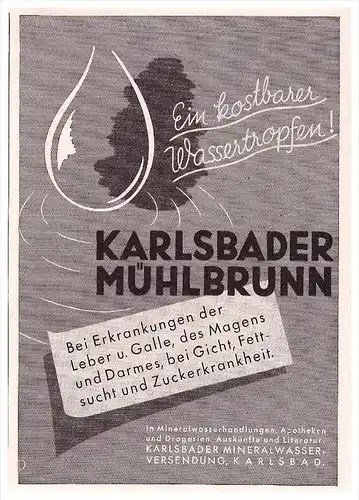 original Werbung - 1941 - Karlsbader Mühlbrunn , Mineralwasser Karlsbad !!!