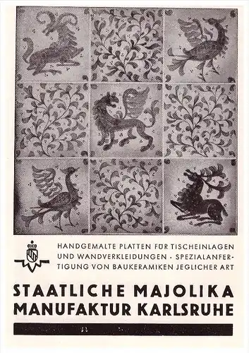 original Werbung - 1941 - Staatliche Majolika Manufaktur in Karlsruhe , handgemalte Platten , Malerei , Keramik !!!