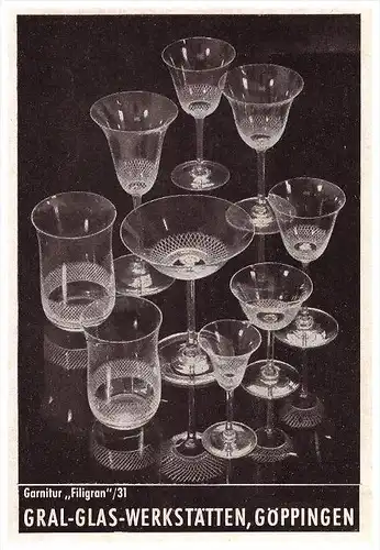 original Werbung - 1941 - Gral-Glas-Werkstätten in Göppingen , Glas , Gläser !!!