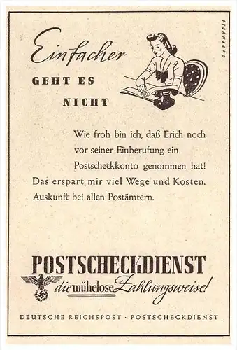 original Werbung - 1941 - Postscheck-Dienst , Deutsche Reichspost , Scheck , Check , Post !!!