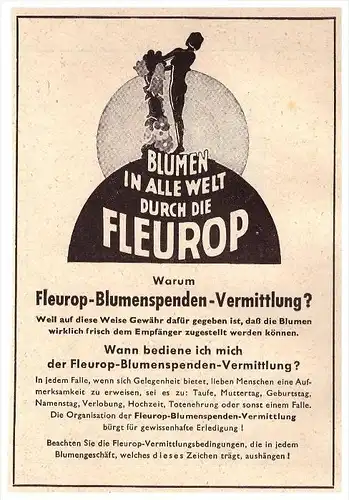 original Werbung - 1941 - Fleurop - Blumenspende , Blumen-Vermittlung !!!