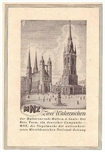 original Werbung - 1941 - Mitteldeutsche National-Zeitung in Halle a.d. Saale , MNZ , Der rote Turm !!!