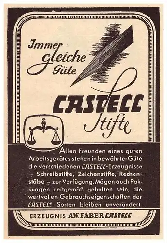 original Werbung - 1941 - Faber Castell Stifte , A.W. Faber , Bleistift !!!