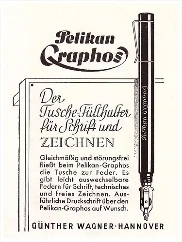 original Werbung - 1941 , PELIKAN Graphos , Füllfederhalter , Füller !!!