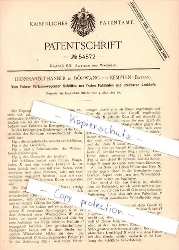 Original Patent - L. Thanner in Börwang bei Haldenwang , 1890 , Schlitten mit Fahrkufen , Kempten !!!