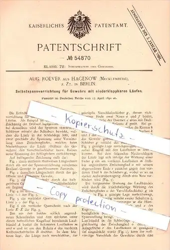 Original Patent - Aug. Roever aus Hagenow , Mecklenburg , z. Zt. in Berlin , 1890 , !!!