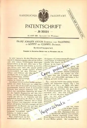 Original Patent - F.J. Anton Freiherr von Palstring in Kötitz b. Coswig ,1883, Apparat für Kutsche , Wagenbau , Pferde !