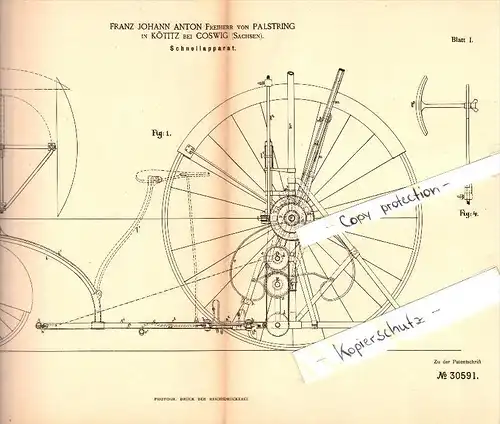 Original Patent - F.J. Anton Freiherr von Palstring in Kötitz b. Coswig ,1883, Apparat für Kutsche , Wagenbau , Pferde !