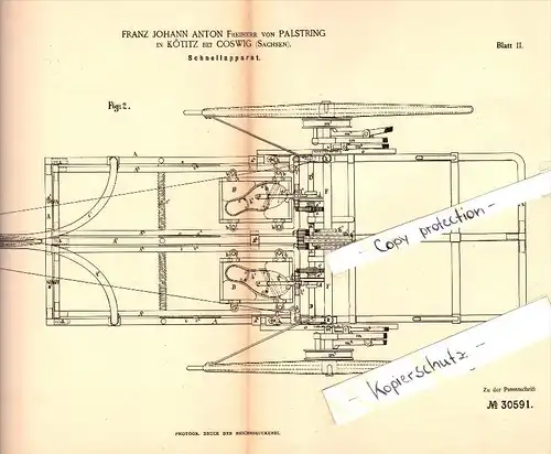 Original Patent - F.J. Anton Freiherr von Palstring in Kötitz b. Coswig ,1883, Apparat für Kutsche , Wagenbau , Pferde !