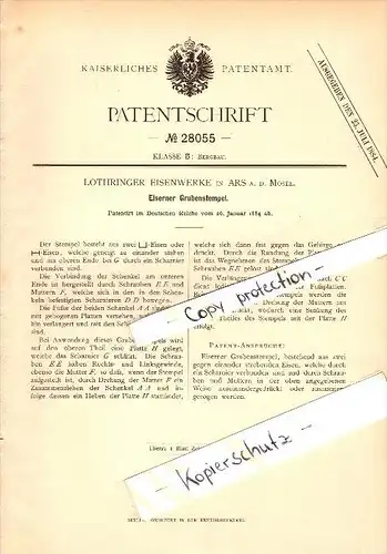 Original Patent - Lothringer Eisenwerke à Ars sur Moselle , 1884 , Timbre pour les mines de fer , exploitation miniere !