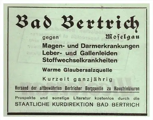 original Werbung - 1942 - Bad Bertrich a. Mosel , Salzquelle , Kur , Arzt , Krankenhaus , Apotheke !!!