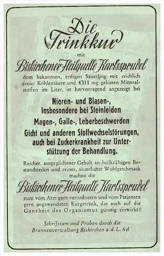 original Werbung - 1942 - Biskirchen b. Leun , Heilquelle , Kur , Arzt , Krankenhaus , Apotheke !!!