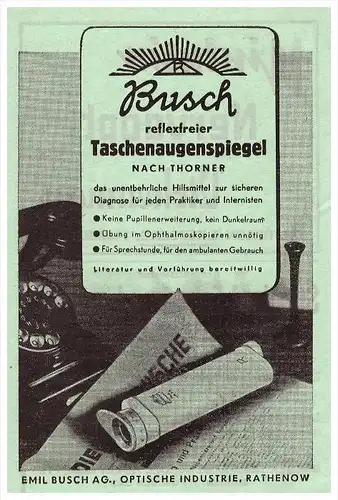 original Werbung - 1942 - Taschenaugenspiegel , Emil Busch in Rathenow , Optik , Arzt , Krankenhaus , Apotheke !!!
