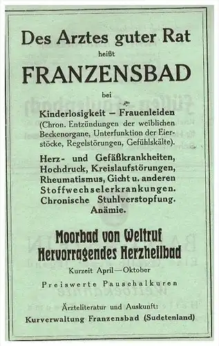 original Werbung - 1942 - Franzensbad / Frantiskovy Lázne , Heilanstalt , Kur , Arzt , Krankenhaus , Apotheke !!!