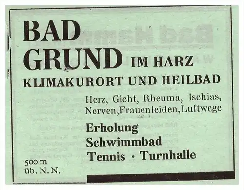 original Werbung - 1942 - Bad Grund i. Harz , Osterode , Kur , Arzt , Krankenhaus , Apotheke !!!