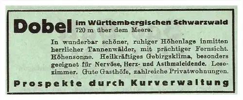 original Werbung - 1942 - Dobel i. Schwarzwald , Kur , Arzt , Krankenhaus , Apotheke !!!
