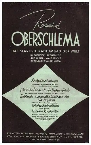 original Werbung - 1942 - Radiumbad Oberschlema , Bad Schlema , Kur , Arzt , Krankenhaus , Apotheke