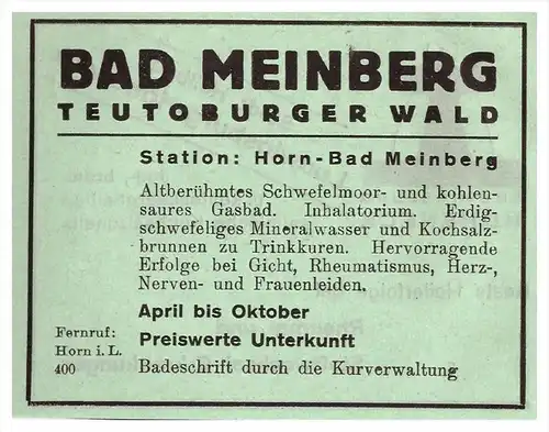 original Werbung - 1942 - Bad Meinberg , Horn-Bad Meinberg , Kur , Arzt , Krankenhaus , Apotheke