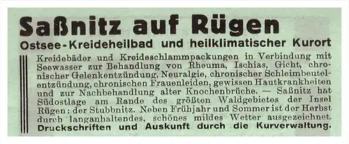 original Werbung - 1942 - Kreide-Heilbad in Saßnitz a. Rügen , Kur , Arzt , Krankenhaus , Apotheke