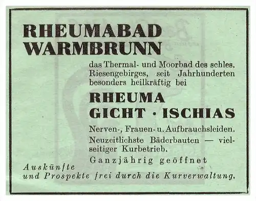 original Werbung - 1942 - Rheumabad Warmbrunn / Slaskie-Zdroj , Schlesien , Kur , Arzt , Krankenhaus , Apotheke