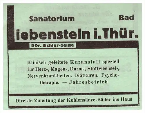 original Werbung - 1942 - Sanatorium Bad Liebenstein b. Eisenach , Arzt , Kur , Krankenhaus , Apotheke !!!