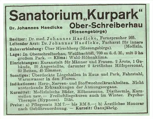 original Werbung - 1942 - Sanatorium Ober-Schreiberhau / Szklarska Poreba , Arzt , Kur , Krankenhaus , Apotheke !!!