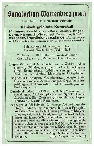 original Werbung - 1942 - Sanatorium Wartenberg , Oberbayern , Dr. Selmair , Arzt , Kur , Krankenhaus , Apotheke !!!