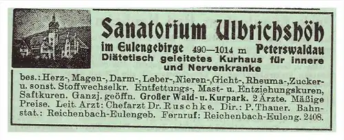 original Werbung - 1942 - Sanatorium Ulbrichshöh in Peterswaldau / Pieszyce , Arzt , Kur , Krankenhaus , Apotheke !!!