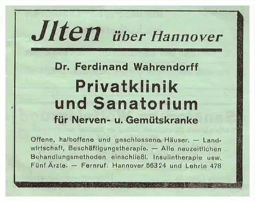 original Werbung - 1942 - Sanatorium Ilten ü. Hannover , Dr. Wahrendorff , Arzt , Kur , Krankenhaus , Apotheke !!!