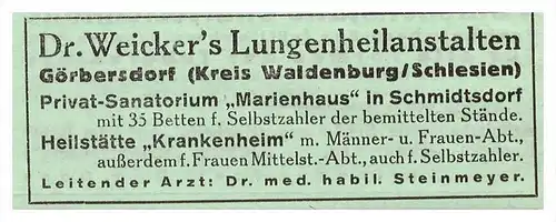 original Werbung - 1942 - Görbersdorf / Sokolowsko , Mieroszów , Schlesien , Arzt , Kur , Krankenhaus , Apotheke !!!