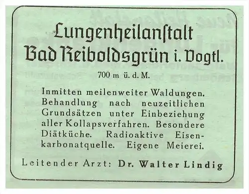 original Werbung - 1942 -  Lungenheilanstalt Bad Reiboldsgrün i.V., Auerbach , Arzt , Kur , Krankenhaus , Apotheke !!!