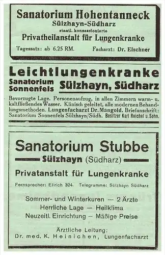 original Werbung - 1942 - Sanatorium Sülzhayn b. Ellrich , Südharz , Arzt , Apotheke , Krankenhaus !!!