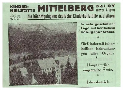 original Werbung - 1942 - Mittelberg b. Oy , Kinder-Heilstätte , Arzt , Apotheke , Krankenhaus !!!