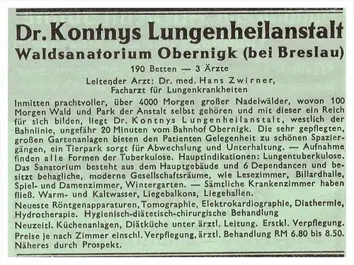 original Werbung - 1942 - Dr. Kontnys , Sanatorium Obernigk / Oborniki Slaskie b. Breslau , Arzt , Schlesien !!!