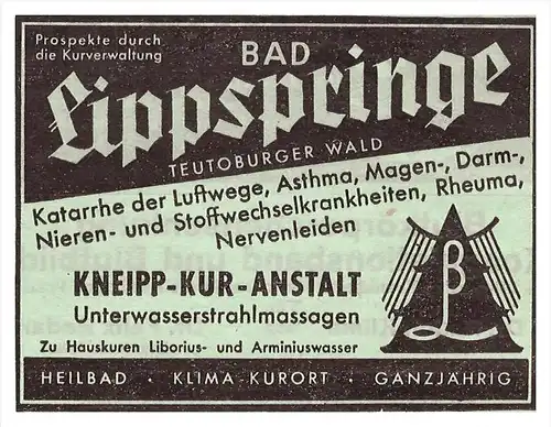original Werbung - 1942 - Bad Lippspringe , Kur-Anstalt , Kneipp , Arzt , Krankenhaus , Apotheke !!!