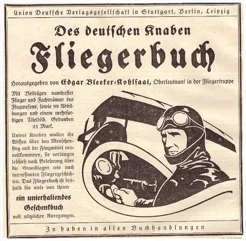 original Werbung - 1925 - Des deutschen Knaben FLIEGERBUCH , Edgar Bleeker-Kohlsaat , Oberleutnant , Flieger !!!