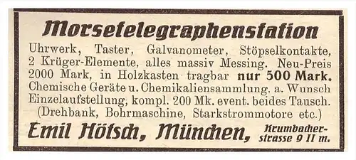 original Werbung - 1925 - Morsetelegraphenstation , Emil Hötsch in München , Telegraphie , Morsen , Spielzeug !!!