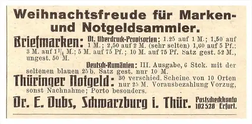 original Werbung - 1925 - Notgeld , Briefmarken , Dr. Dubs in Schwarzburg i. Thüringen , Erfurt , Philatelie !!!