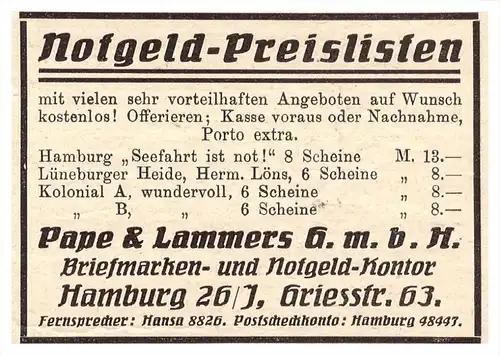 original Werbung - 1925 - Notgeld , Pape & Lammers GmbH in Hamburg , Briefmarken , Griesstrasse !!!
